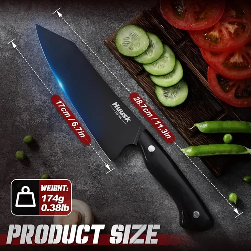 Miniatura 7 de Huusk Cuchillo de chef japonés para cocina, cuchillo Kirisuke de 7 pulgadas con revestimiento de titanio negro, cuchillos de cocina de acero