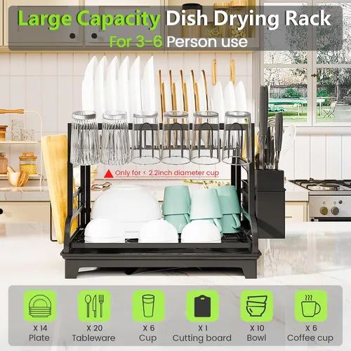 Miniatura 4 de Escurridor de platos plegable de 2 niveles con bandeja, organizador de cocina de gran capacidad en acero inoxidable con soporte para tazas