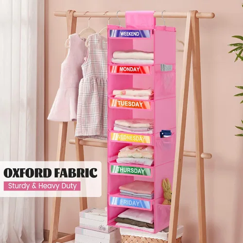 Miniatura 4 de Paquete de 2 organizadores semanales de ropa de 6 estantes para niños, organización diaria colgante de armario con 6 bolsillos laterales, divisor