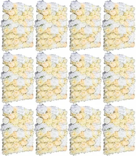 Miniatura 10 de Paneles de pared de flores 3D, 12 paneles de pared de flores artificiales, rosas de seda, fondo de pared de flores sintéticas decorativas