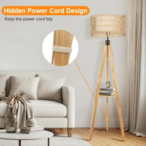 Miniatura 32 de OUTON - Lámpara de pie de trípode de madera con estantes, lámpara de pie de mediados de siglo con control remoto, 4 temperaturas de color, lámpara