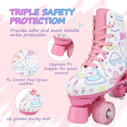 Miniatura 5 de YYW Patines de ruedas para niñas y mujeres, bonitos patines de piel sintética blanca iluminados para niños, jóvenes, niñas, para interiores