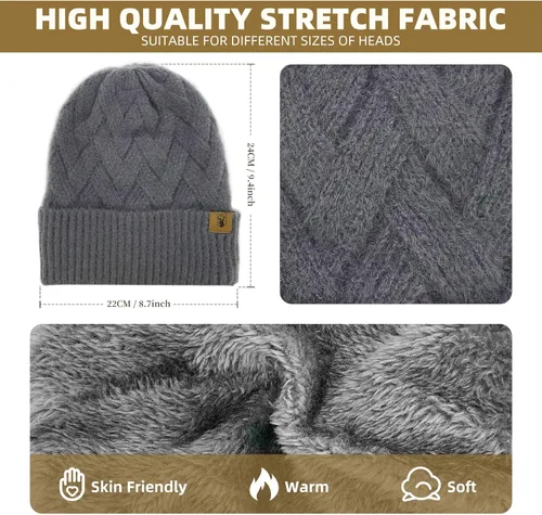 Miniatura 2 de Gorro de punto de invierno para mujer con guantes para pantalla táctil, gorro de pompón, bufandas para el cuello para hombres