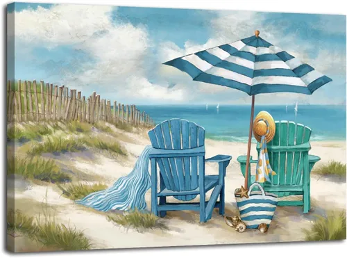 Miniatura 5 de LAIART Lienzo de Arte de Pared de Océano Azul, Decoración de Arte de Playa con Silla de Playa, Impresión de Cuadro, Arte Relajante de Paisaje Marino