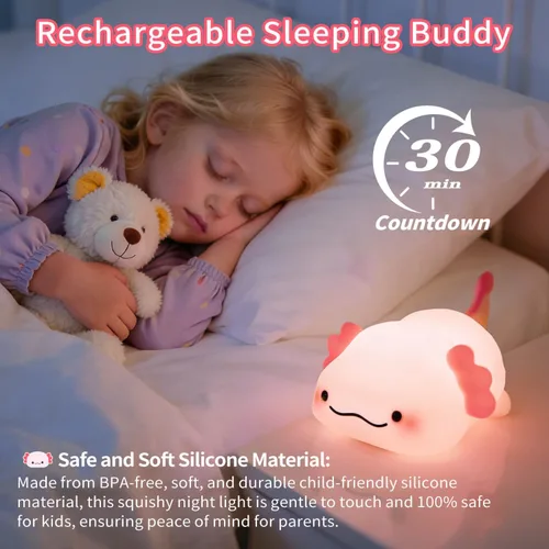 Miniatura 3 de Axolotl - Luz nocturna para niños, de silicona blanda de 3 niveles, regulable, control táctil, bonita luz nocturna con temporizador, portátil