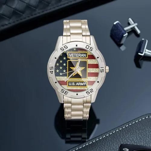 Miniatura 5 de Reloj analógico de acero inoxidable para hombre diseño especial militar veterano y bandera estadounidense diseño personalizado con caja de metal