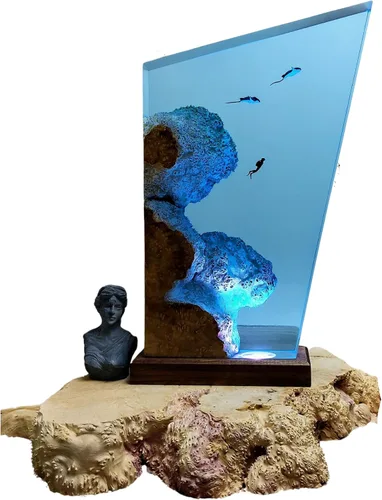 Miniatura 6 de Manta Ray and Diver - Lámpara de madera de resina para buceo, lámpara de mar azul profundo, diorama temático del océano, lámpara de rayas de rayas
