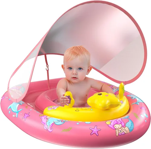Flotador de piscina para bebés con toldo UPF50+, flotadores inflables para piscina para niños, flotador de natación infantil con consola de juegos