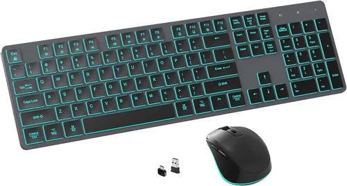 Teclado inalámbrico silencioso y mouse retroiluminado, combo de teclado plano silencioso recargable, mouse Jiggle, mouse delgado inalámbrico de 2.4
