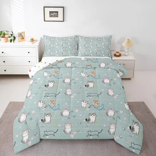 Miniatura 12 de Erosebridal Lindo juego de edredón de gato, tamaño individual, kawaii, fresa, juego de ropa de cama para niñas, diseño de arco iris, edredón rosa