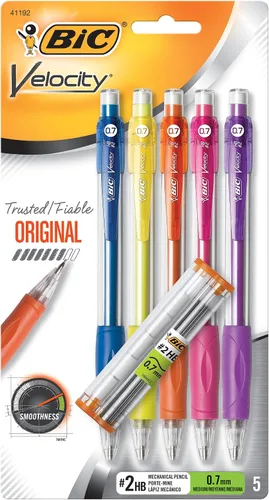 BIC Velocity Lápices Mecánicos, Con Barril Colorido, Punta Media (0.7mm), Paquete de 5 Lápices Mecánicos Con Borrador y Repuestos de Mina