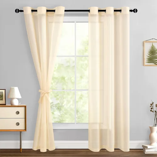 Miniatura 88 de Hiasan - Cortinas traslúcidas de gasa cortas semitransparentes con ojales y alzapaños filtrantes de luz para ventana, dormitorio, baño, 2 paneles