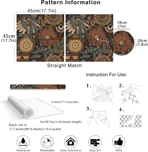 Miniatura 7 de HAOKHOME Papel tapiz para despegar y pegar, diseño floral, bohemio, marrón, melocotón, verde, decoración de pared retro, mural extraíble para baño