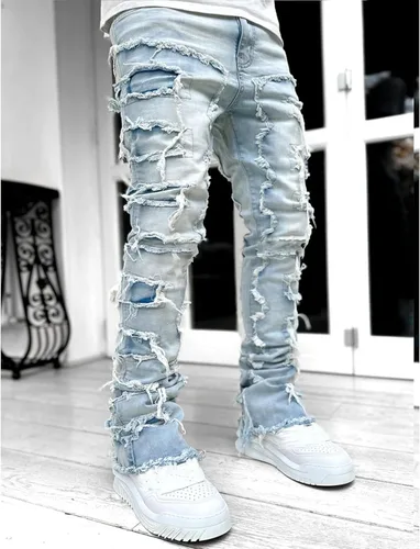 Miniatura 4 de GDJGTA Jeans apilados para hombre, ajustados, rasgados, elásticos, desgastados, rectos, pantalones de mezclilla estilo hip hop, ropa de calle