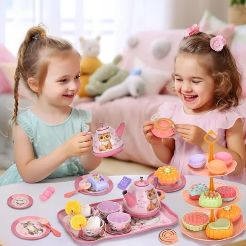 Miniatura 4 de Lajeje Juego de fiesta de té de gato para niños pequeños y niñas de 3 a 6 años, juguete de simulación y regalo de cumpleaños, incluye juego de té