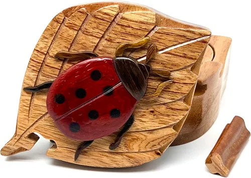 Miniatura 2 de Lady Bug - Caja de rompecabezas de madera secreta de Intarsia, hecha a mano de maderas exóticas naturales