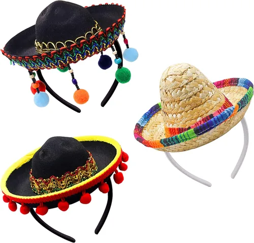 3 sombreros mexicanos, sombreros de fiesta de Cinco de Mayo, sombrero de tela para fiestas, diademas de paja para niños, mascotas, adultos, fiesta
