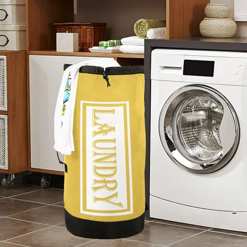 Miniatura 7 de Bolsa de lavandería de viaje de nailon amarillo limón para equipaje sucio resistente organizador de ropa sucia con cierre de cordón y correas