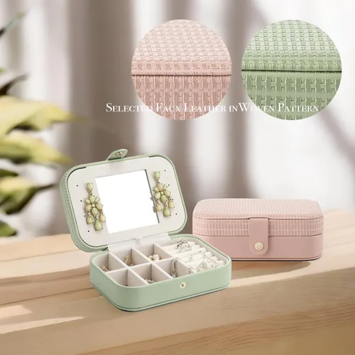 Miniatura 2 de Vlando Pequeño organizador de joyas de viaje, estuche de almacenamiento de piel sintética para collares, aretes, anillos, tejido verde
