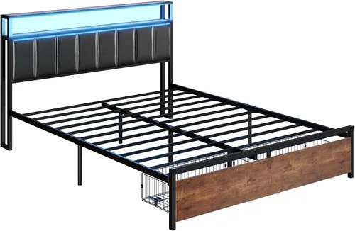 Miniatura 8 de AMERLIFE Marco de cama LED con 2 cajones y cabecero de 2 niveles