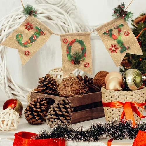 Miniatura 9 de Toyvian Cartel de lino brillante para fiesta de Navidad con letras de alegría, decoración de guirnalda de Navidad para uso festivo en interiores