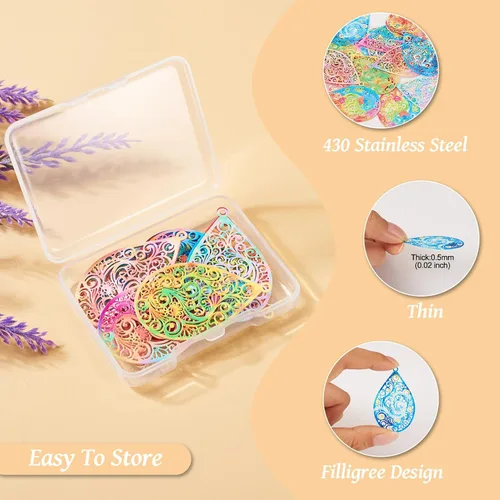 Miniatura 180 de FASHEWELRY 16 dijes de plumas de arco iris de acero inoxidable con alas de filigrana, adornos de metal de 4 colores para hacer joyas, pulseras