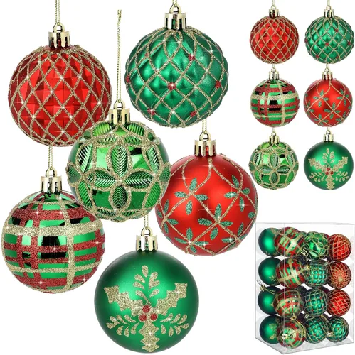 Hungdao 24 adornos de bola de Navidad de color rojo, verde y dorado, adornos colgantes para árbol de Navidad de 2.4 pulgadas, decoraciones de bolas