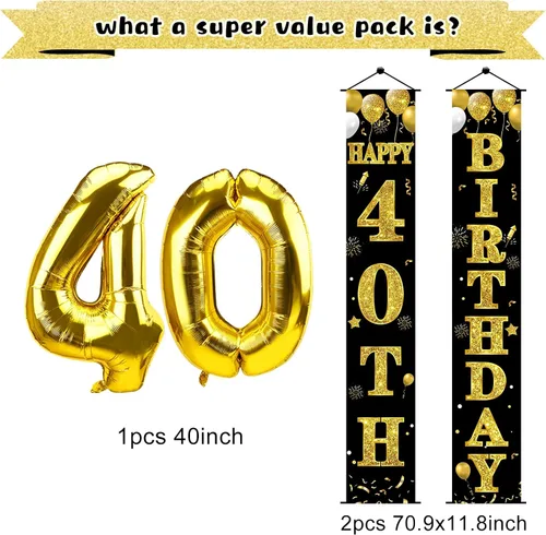 Miniatura 2 de Kit de 32 piezas de decoración de cumpleaños 40 para hombres y mujeres, pancarta de feliz cumpleaños número 40, globos colgantes de remolinos
