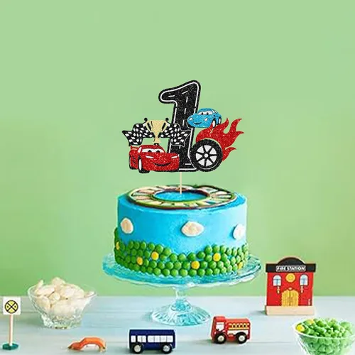 Miniatura 6 de Ephlyn 1 pieza de decoración para tarta de primer cumpleaños de coche de carreras con purpurina, decoración de tarta 1er cumpleaños para bandera a