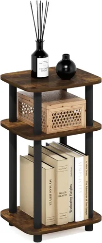 Furinno JUST - Mesita lateral de 3 niveles con tubo giratorio N, estante abierto, mesita de noche con esquina curva redonda, mesita de cama, fácil