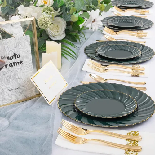 Miniatura 6 de YOUBET 150 platos de plástico verde esmeralda, vajilla desechable verde y dorado que incluye 50 platos, 25 cuchillos, 25 tenedores, 25 cucharas, 25