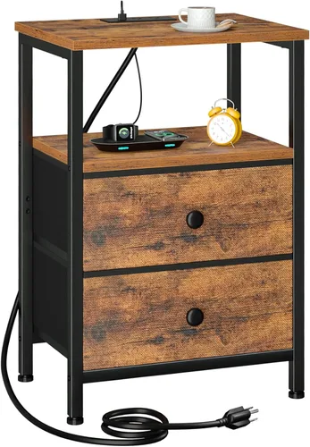 Miniatura 14 de LOAKEKEL Mesita de noche, mesita de noche con estación de carga, mesa auxiliar con almacenamiento 2 cajones de tela para dormitorio, mesa auxiliar