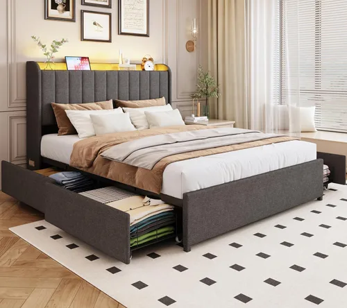 Miniatura 18 de Marco de cama completa con 4 cajones y cabecera de almacenamiento, marco de cama de plataforma tapizada tamaño completo con luces LED y práctica