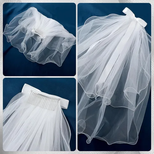 Miniatura 4 de TIESOME Velo de novia de boda con peine, corto de tul de 2 niveles de tul para novia, velo de tul, engarzado, velos de catedral, velo de niña
