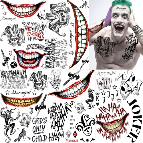 EGMBGM 5 hojas de tatuajes temporales de Joker 3D para hombres, mujeres y adultos, kit de maquillaje de Halloween, payaso fantasma, sonrisa