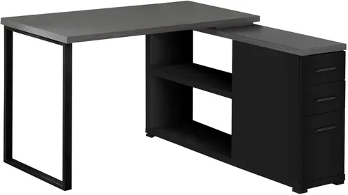 Monarch Specialties Escritorio esquinero de estilo contemporáneo con estantes y cajones abiertos, 48 pulgadas de largo, parte superior negra y gris