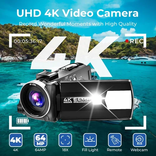 Miniatura 2 de Videocámara, Cámara de Video Vlogging para Youtubers con Zoom Digital 18X 64MP Pantalla de 3” 270° de Rotación Cámara 4k para Grabación de Video