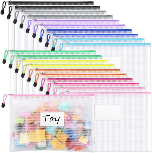 Miniatura 9 de Sooez Paquete de 32 bolsas de malla con cremallera, tamaño A4, bolsas con cremallera con bolsillo para etiquetas, bolsas impermeables