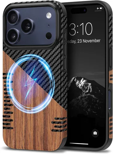 Miniatura 19 de TENDLIN Compatible con iPhone 17 Pro Max Funda de madera con textura de fibra de carbono Diseño de cuero híbrido delgado (negro)