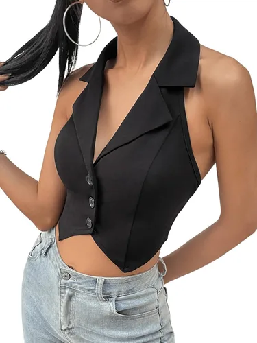 Miniatura 3 de Verdusa Chaleco de mujer con cuello de muesca y espalda descubierta, dobladillo asimétrico con botones en la parte delantera