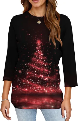 Miniatura 59 de Camisetas de manga 3/4 para mujer, cuello redondo, holgadas, casuales, con estampado floral, camisetas de moda para el trabajo de negocios