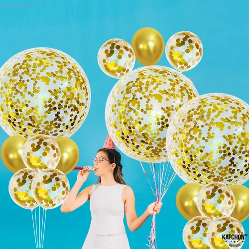 Miniatura 3 de Katchon, Globos metálicos de confeti dorado – enormes 36 pulgadas, paquete de 21 Globos dorados de látex, decoraciones de Año Nuevo 2026 Globos
