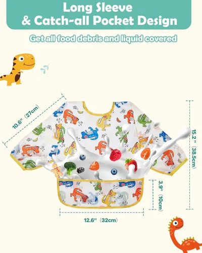 Miniatura 5 de Lictin Paquete de 3 baberos para bebé para niño o niña, lindo babero de manga larga, baberos impermeables para niños pequeños, bata de bebé