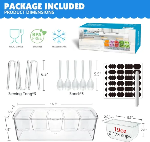 Miniatura 2 de Bandeja de condimentos refrigerados, cesta de frutas de bar con tapa y 5 compartimentos extraíbles, bandeja transparente para servir condimentos