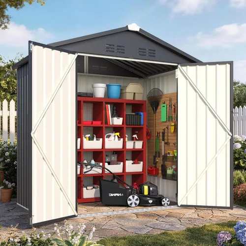 Miniatura 37 de AECOJOY Cobertizo de almacenamiento de metal para exteriores de 4 x 6 pies, cobertizo de herramientas de jardín resistente con puerta doble con Gris