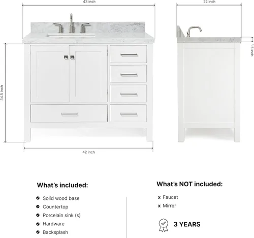 Miniatura 2 de ARIEL Cambridge - Mueble de baño con lavabo de 42 pulgadas, madera maciza, encimera de mármol italiano de Carrara de 1.5 pulgadas, fregadero Blanco