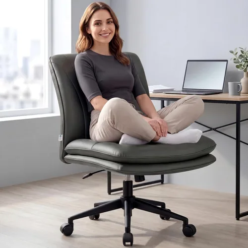 Miniatura 10 de NYPOT Silla de escritorio sin brazos con ruedas para sentarse entrecruzada, silla sin brazos anchos con patas cruzadas, taburete giratorio ajustable