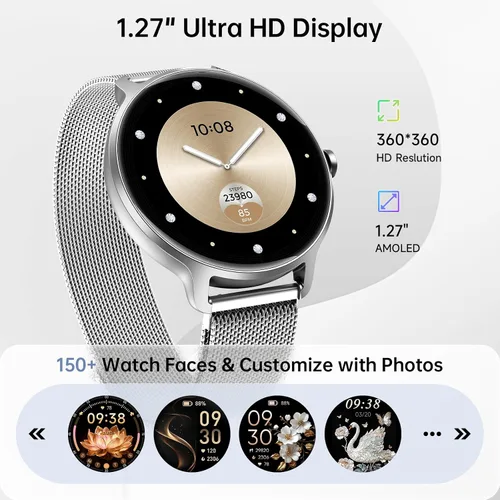 Miniatura 6 de Reloj inteligente para mujer, pantalla AMOLED de 1.27 pulgadas con respuesta/llamada para iPhone/Android/Samsung, rastreador de actividad física