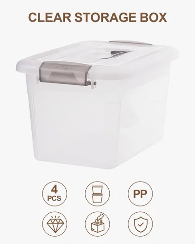 Miniatura 4 de Citylife - Paquete de 4 cubos de almacenamiento de 5.3 cuartos de galón con tapas, contenedores de plástico transparente con mango gris