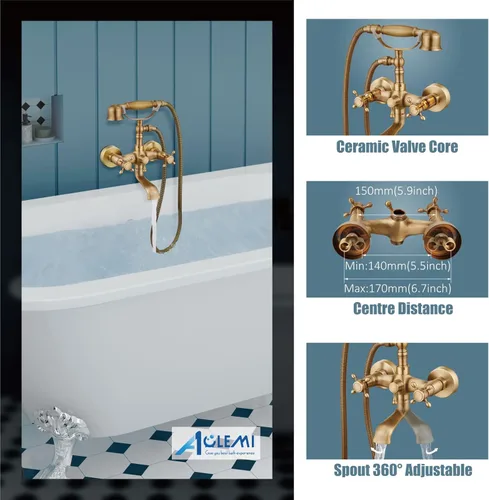 Miniatura 5 de Aolemi Grifo de Bañera de Montaje en Pared con Rociador de Mano Grifo de Bañera y Ducha de Latón Antiguo Grifo de Ducha Vintage de Doble Mango